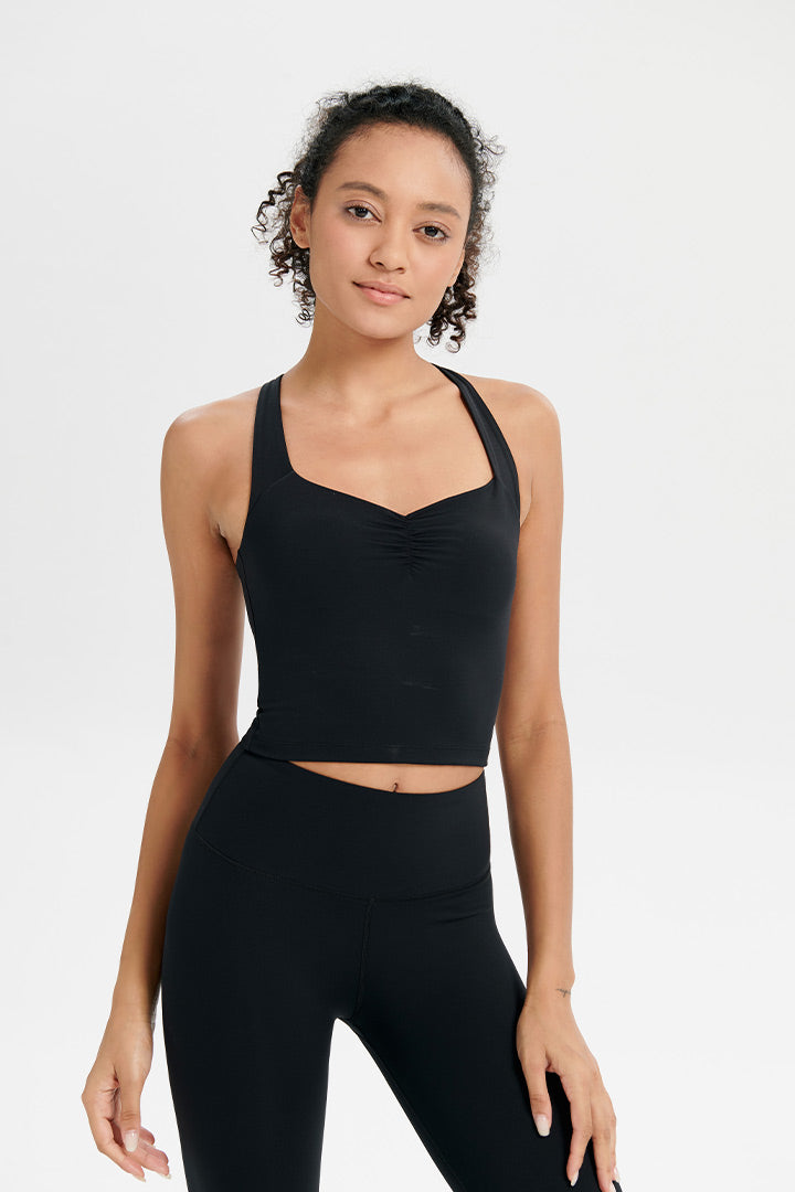 Black Gathered Front Workout Tank Top with Cross Back