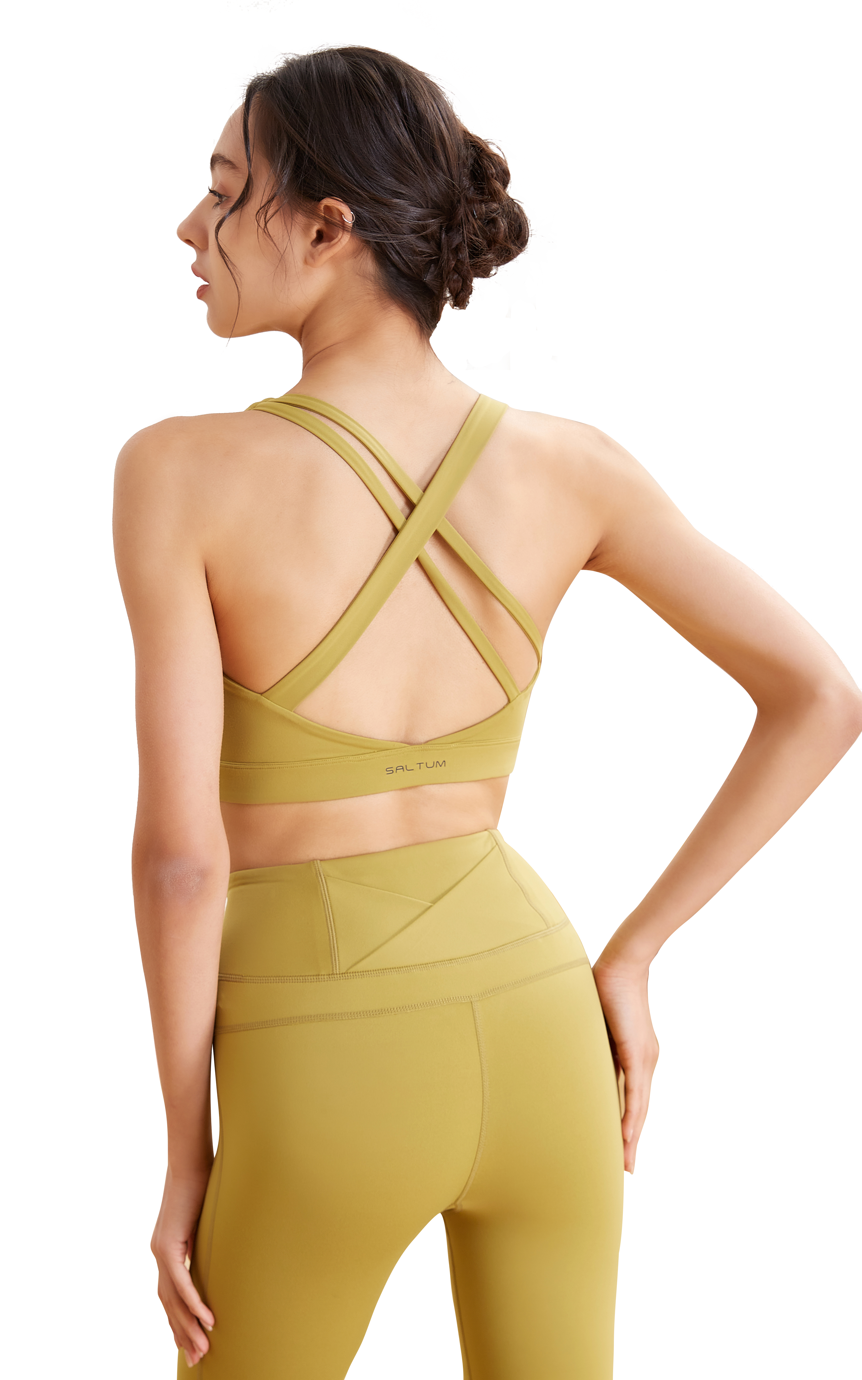 Woman yellow sports Criss Cross bra and leggings