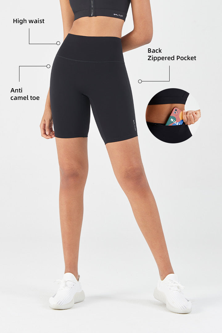 FlexEase™ Black High Waisted Short with Invisible Zip Pocket - SALTUM SPORTS