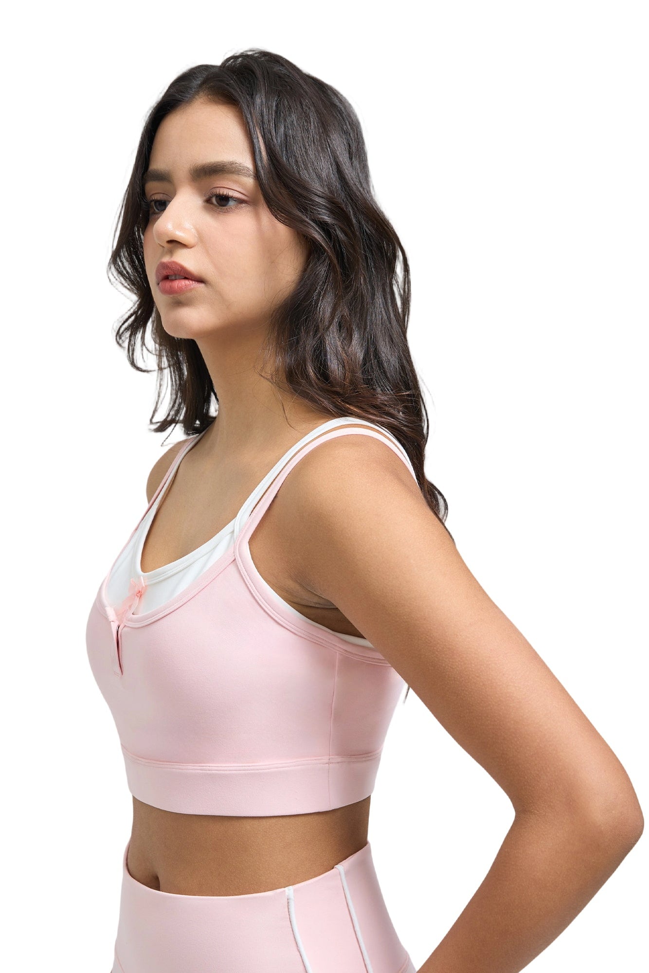 Woman pink and white Double Layer sports bra and dress