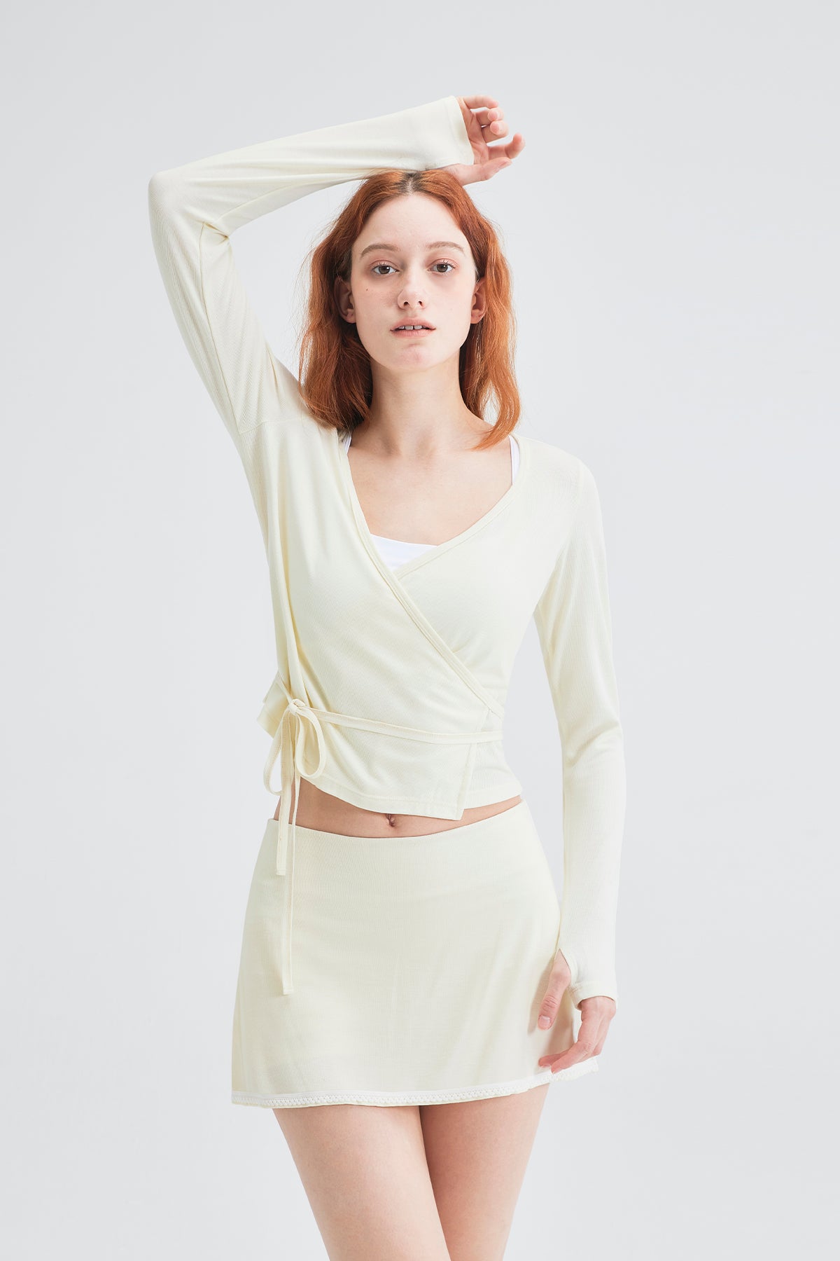 SALTUM Ballet Long-Sleeve Top and Double-Layer Wool Mini Skirt Set cocoa-milk