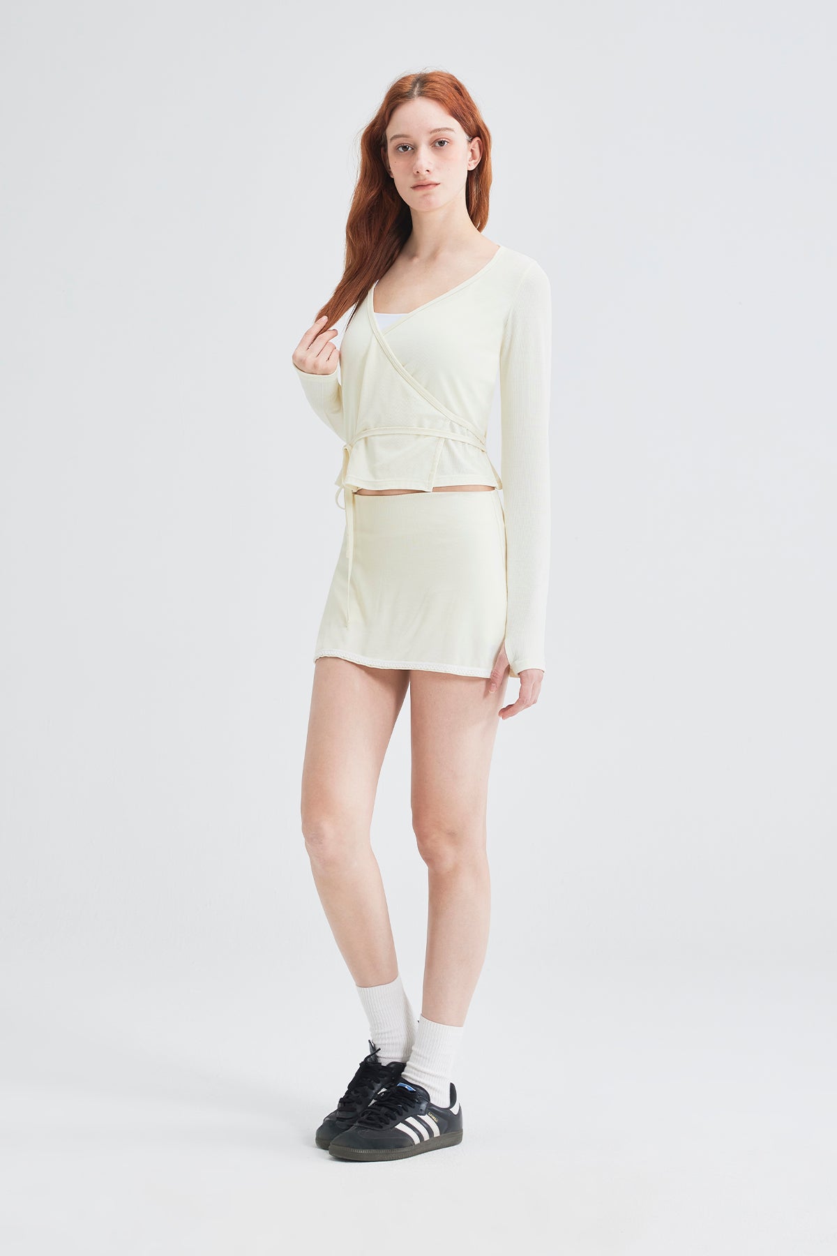 SALTUM Ballet Long-Sleeve Top and Double-Layer Wool Mini Skirt Set cocoa-milk