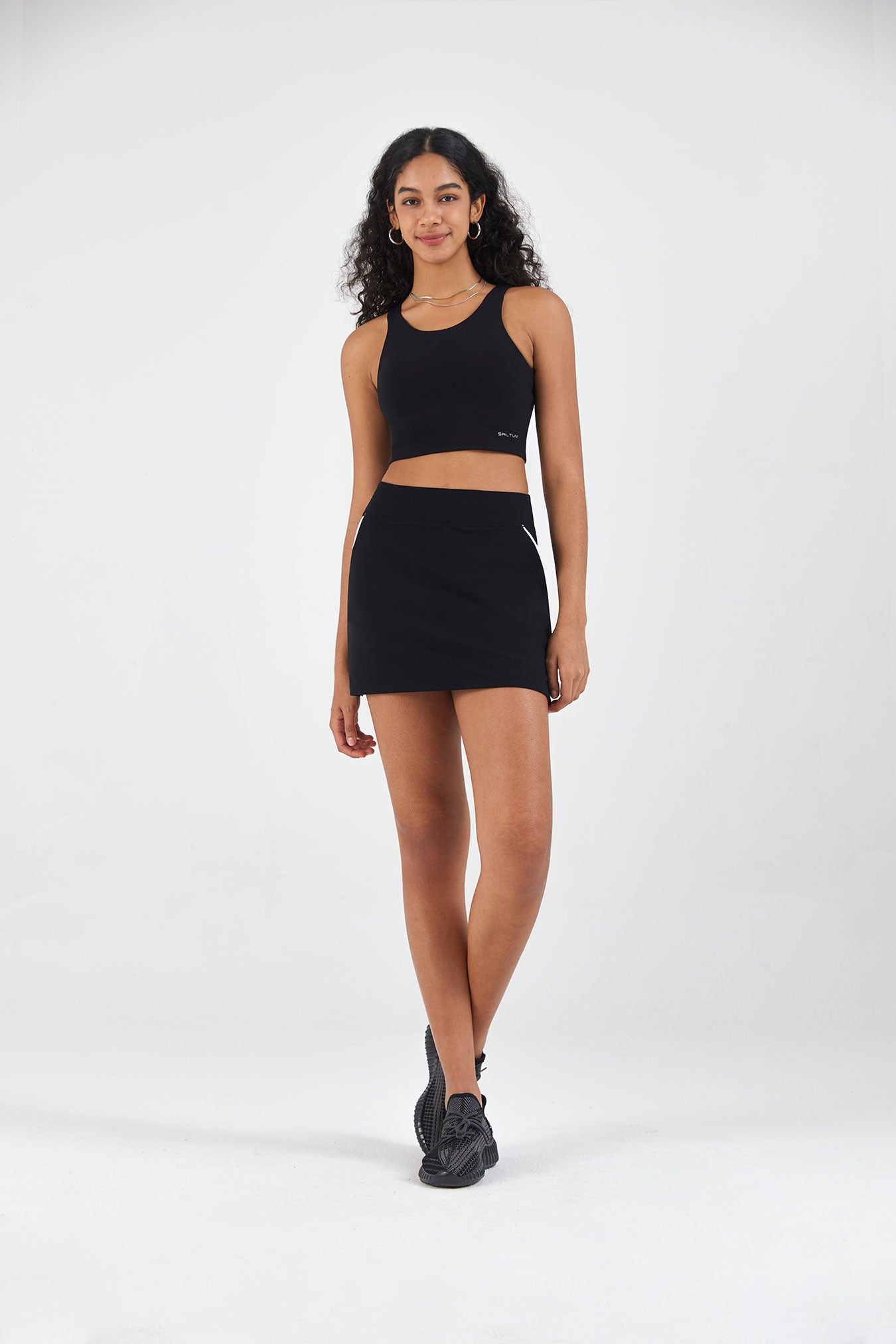 black Sports Bra V-Back & Tennis Skirt Sets athletic outfit