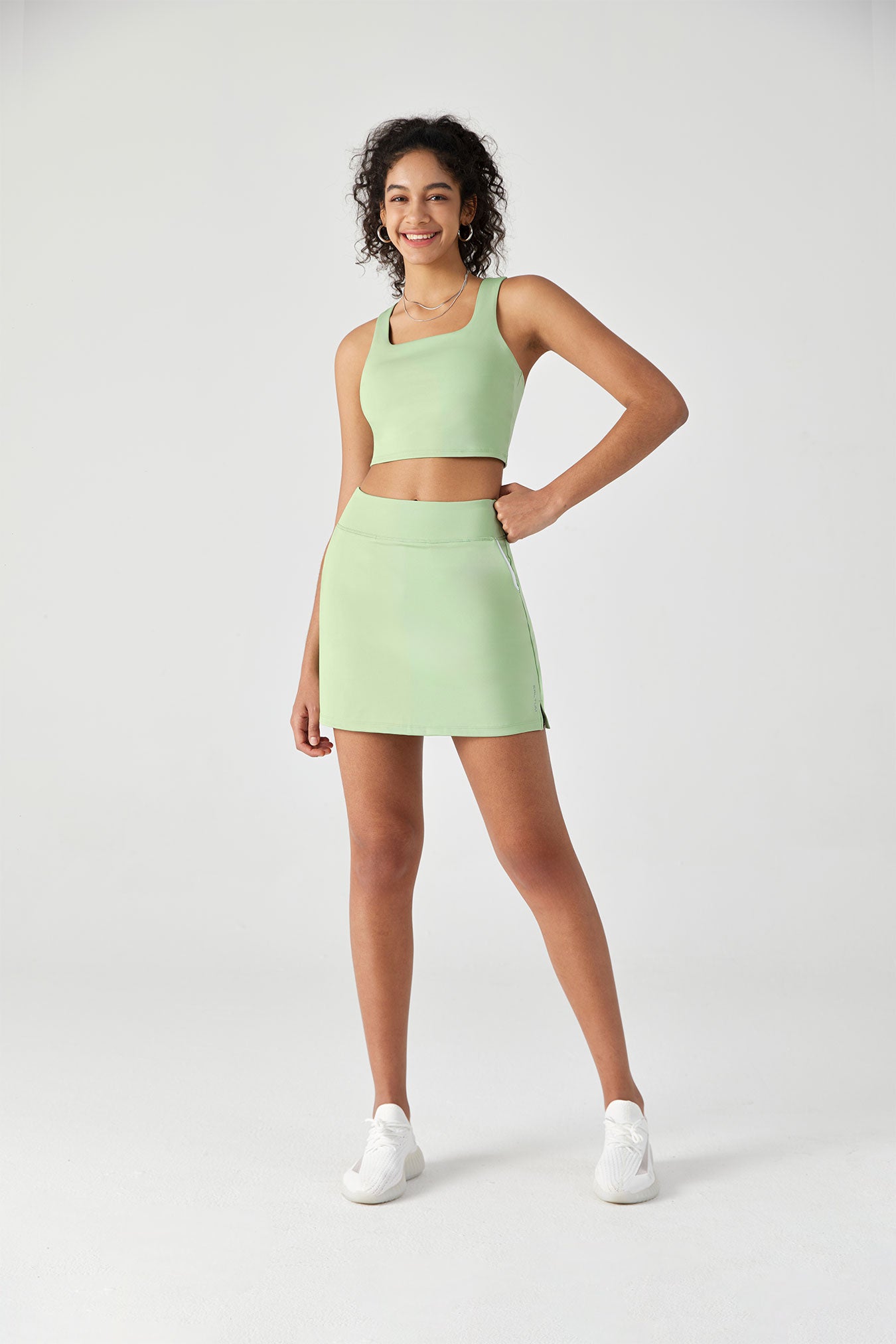 light green athletic outfit Longline Sports Bra V-Back and Mini Pencil Skirt