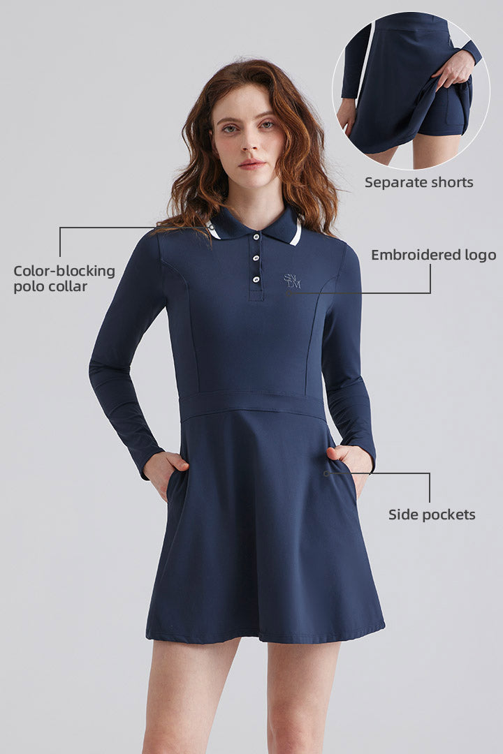 Navy blue dress with long-sleeve polo collar and separate shorts