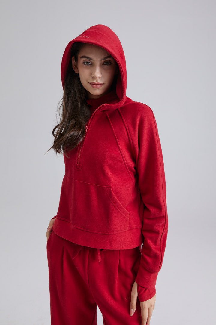 women Basic Half-Zip Hooded Pullover