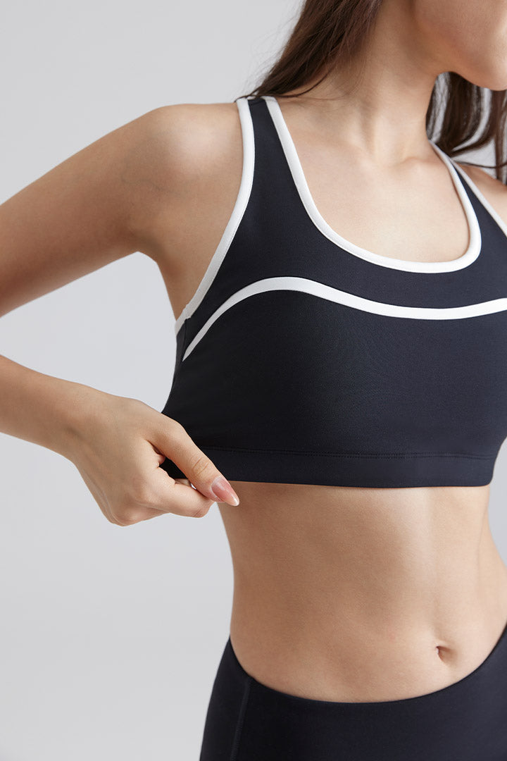 Women black sports gym bra with white trim
