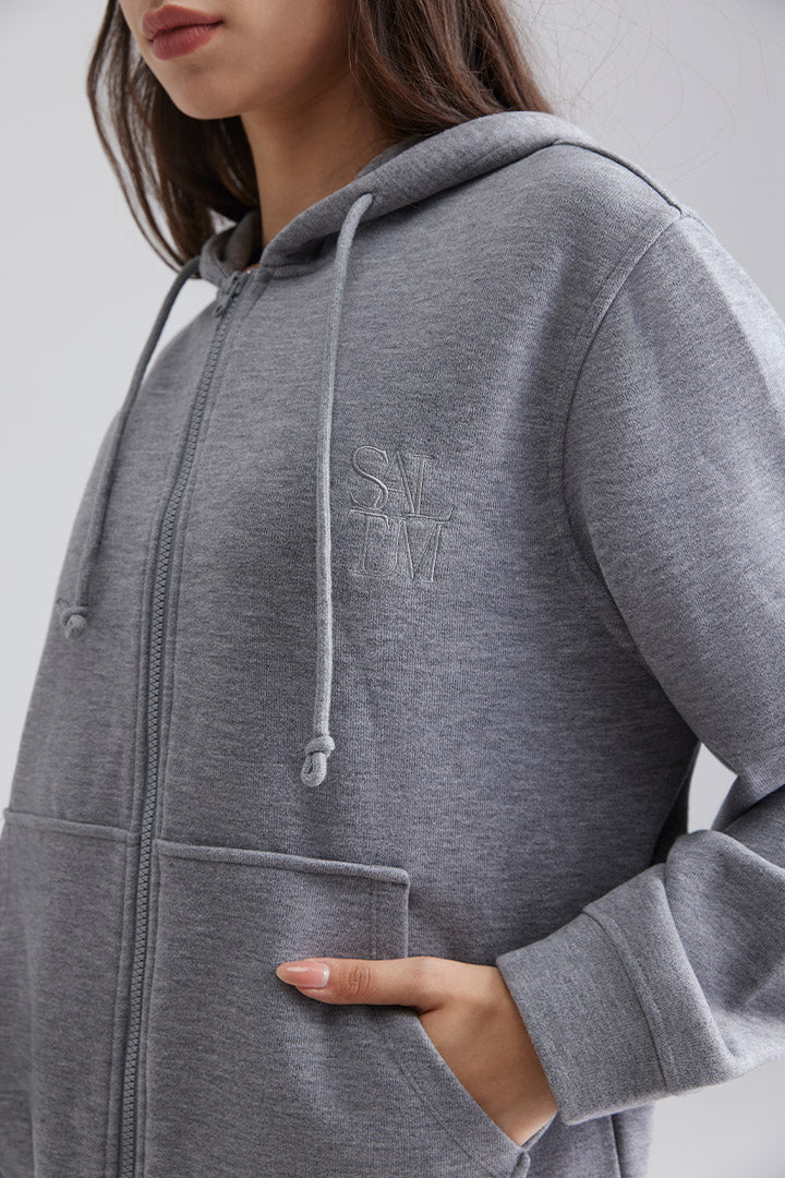 grey Oversized Zip Up Hoodie with Drawstring hood