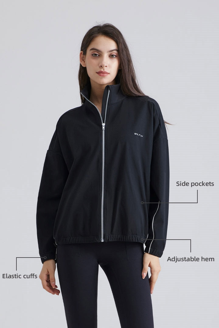 Woman black jacket with adjustable hem and legging