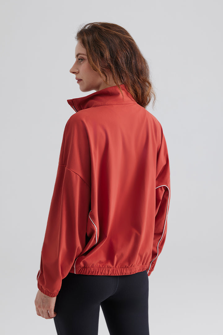 women sports red jacket with poeckets