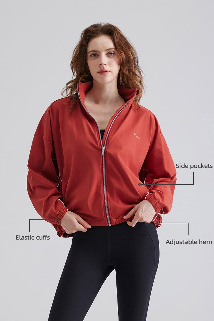 Woman red zip jacket with adjustable hem