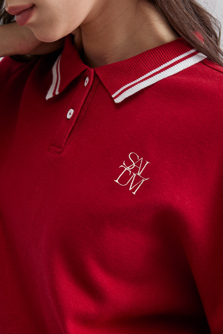 Relexed Polo Collar Pullover Sweater Burgundy for weomen