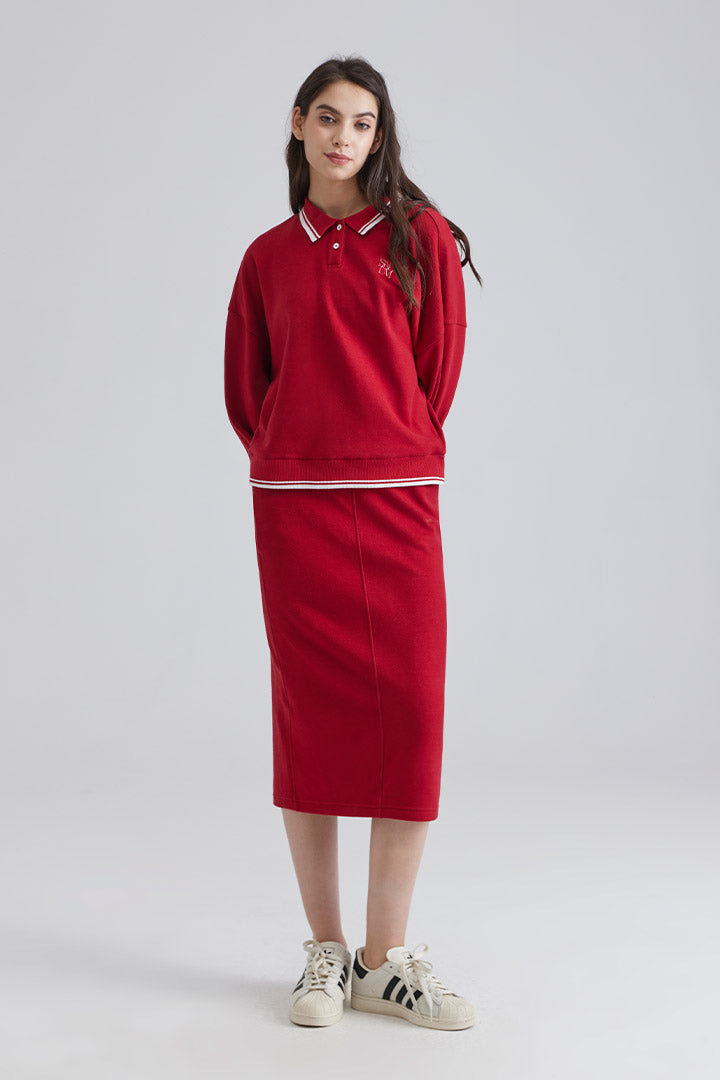 High Rise Knee Length Pencil Skirt and Polo Collar Pllover
