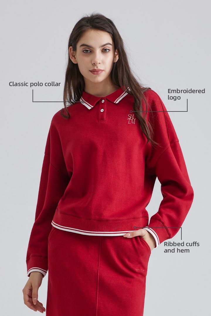 Saltum Burgundy Polo Collar Pullover Long-Sleeve Sweatshirt outfit