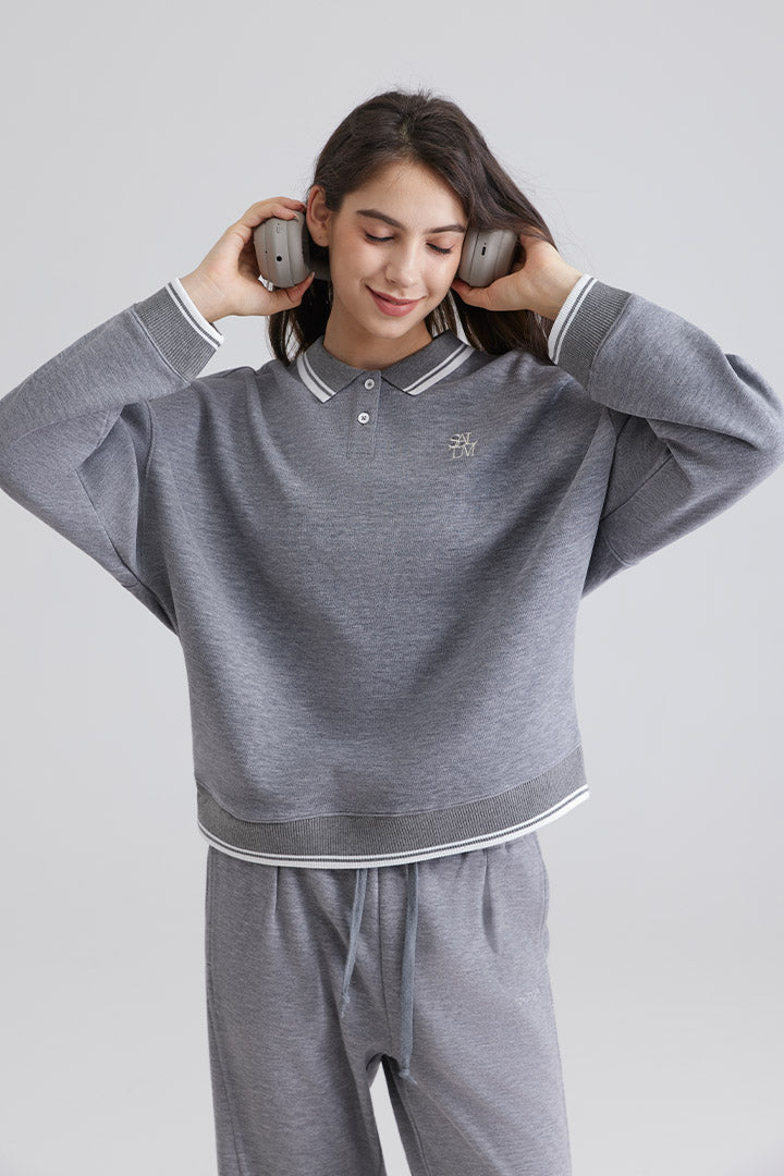 Woman gray tracksuit Polo Long-Sleeve Sweatshirt and Sports Pants