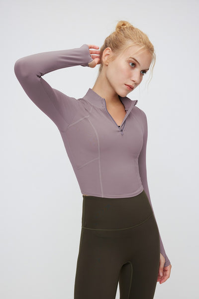 FlexEase™ Women's Long Sleeve Half Zip Front Crop Top - SALTUM SPORTS