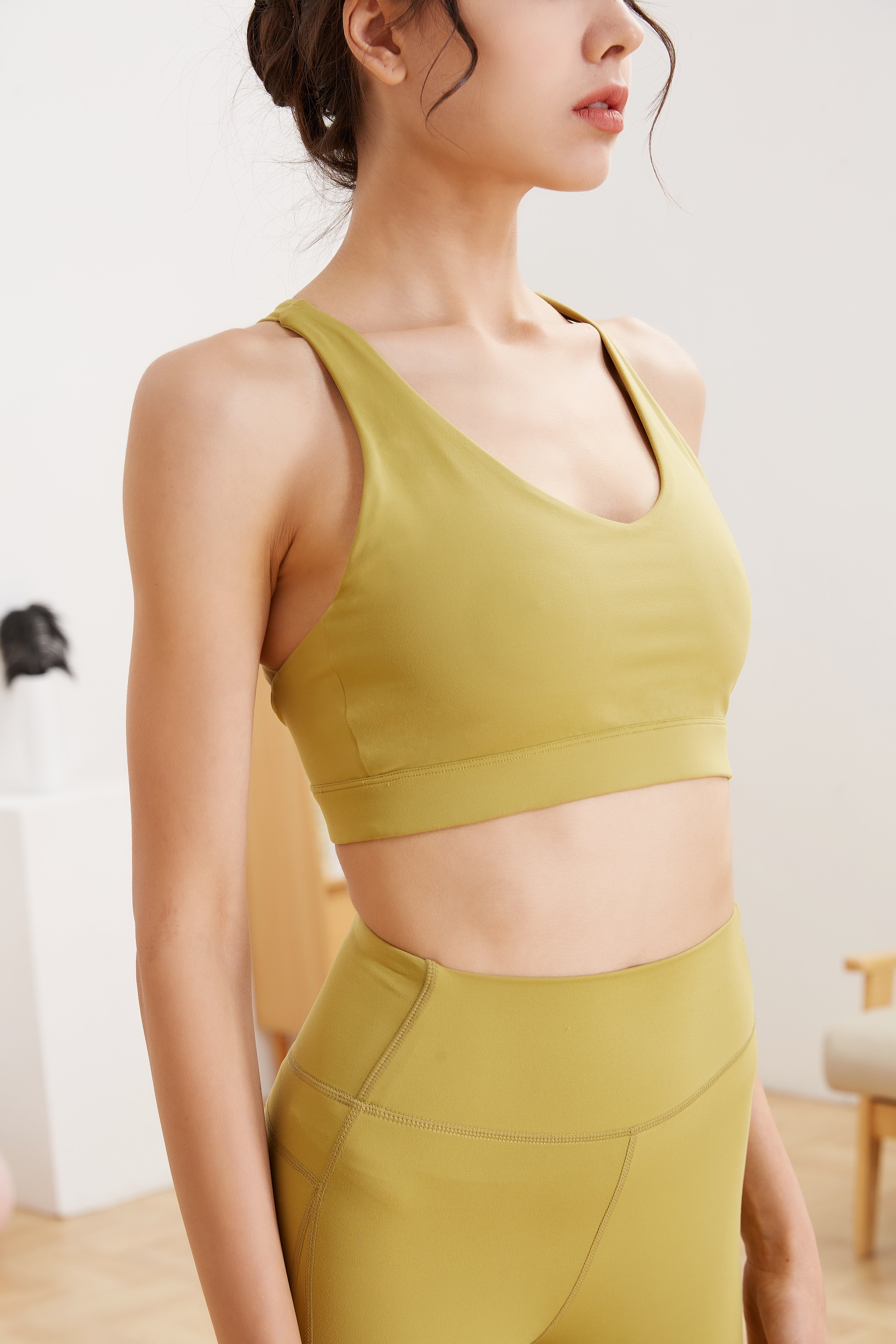 Woman Olive green athletic outfit workout Bra and yoga Pants