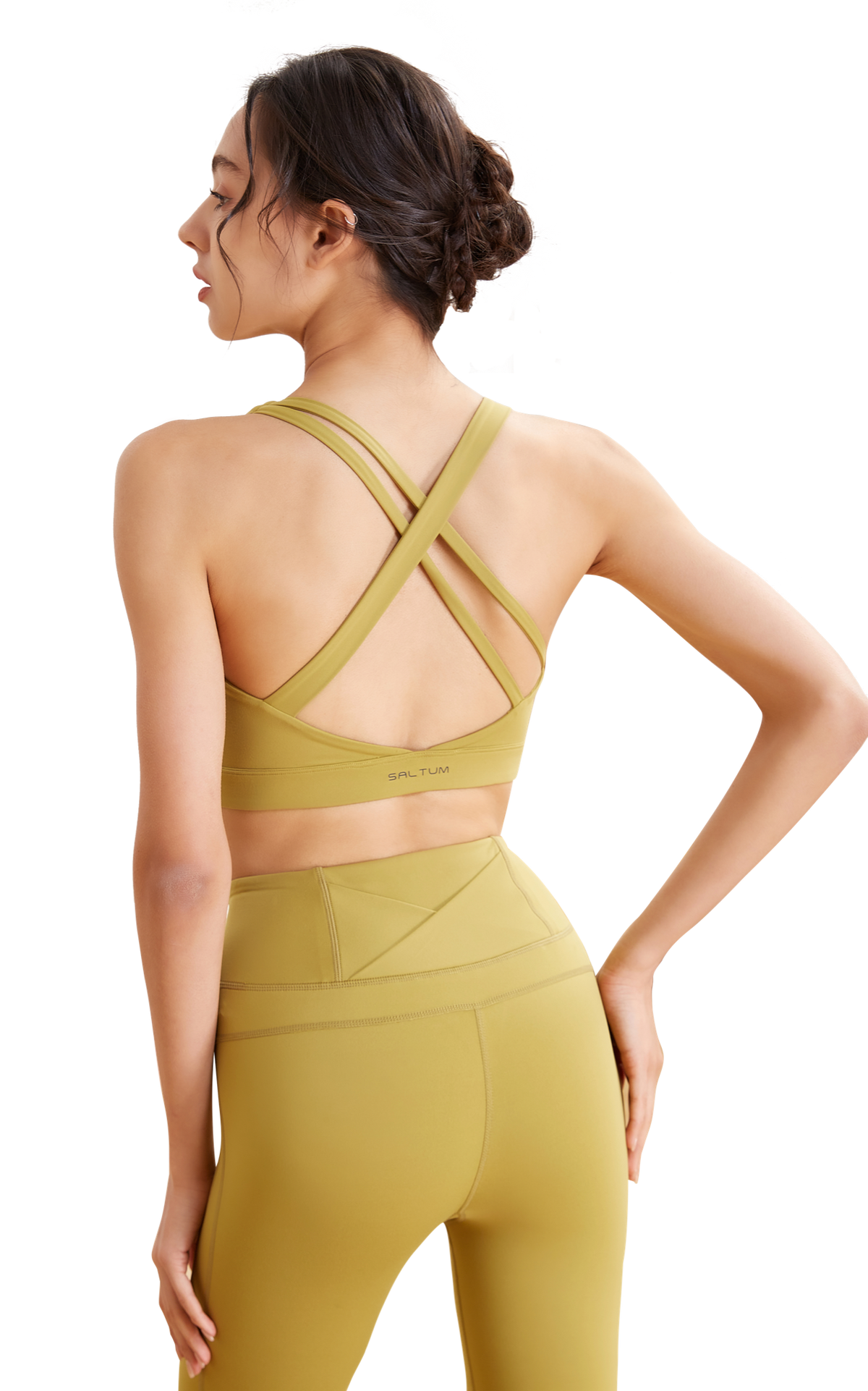 Woman yellow sports Criss Cross bra and leggings