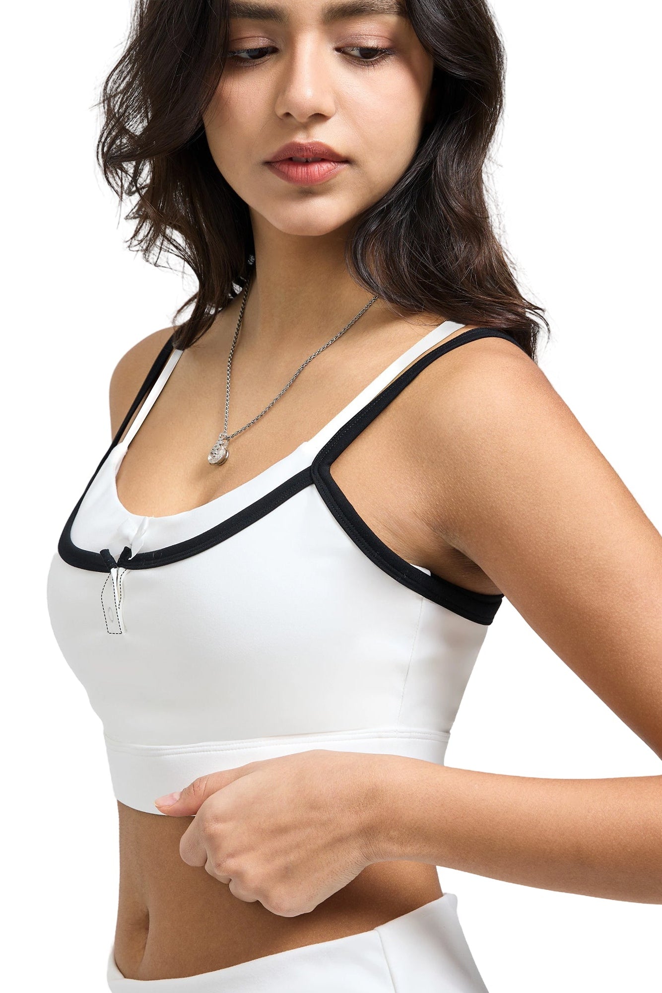 Woman white sports bra with black trim Double Layer Scoop Bra