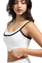 Woman white sports bra with black trim Double Layer Scoop Bra