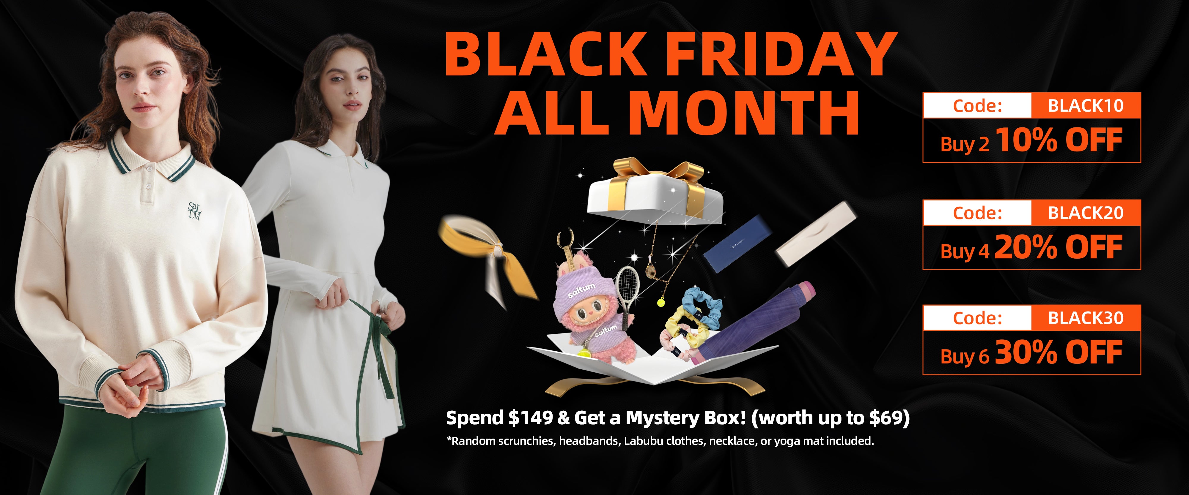 Black Friday promotional banner with two women, cartoon characters, and discount codes on a dark background.