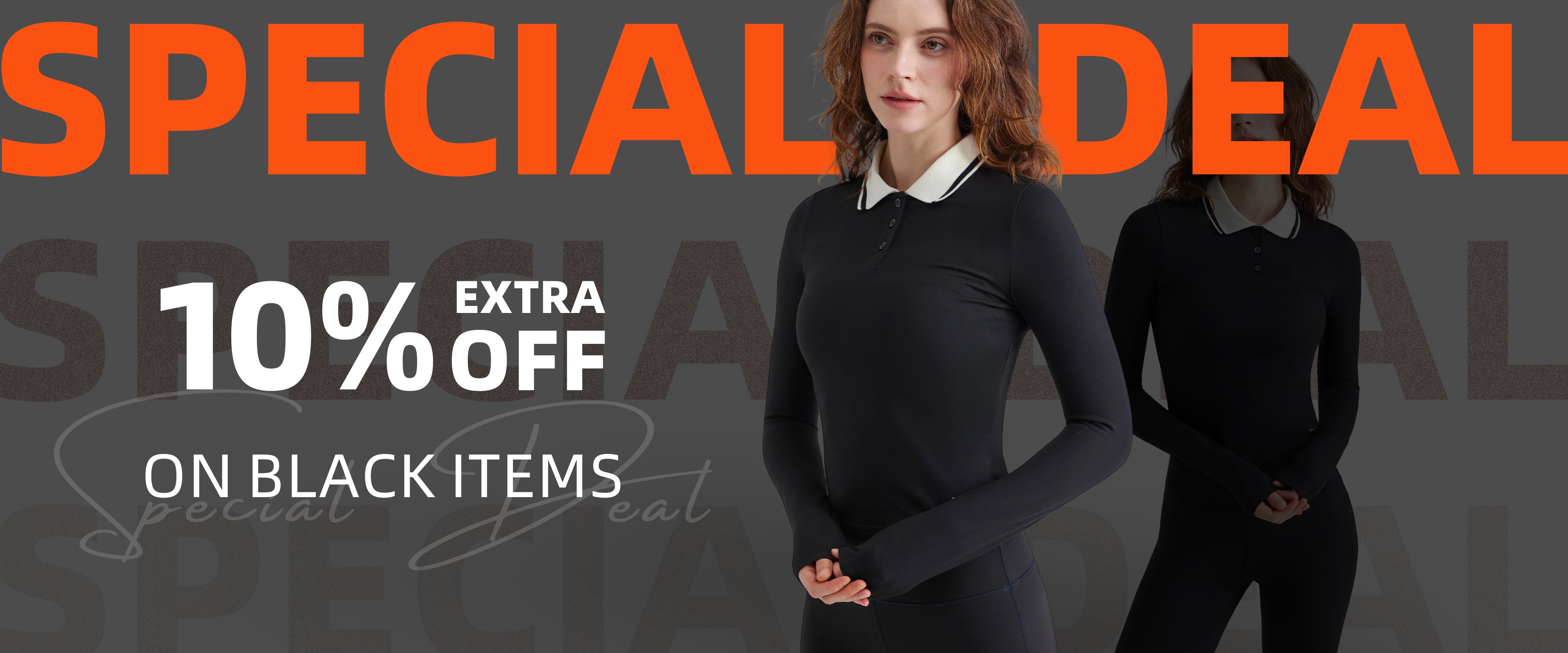 Promotional banner with a woman in black clothing and text about a special deal on black items.