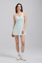Woman light blue dress with sleeveless spaghetti strap padded sports dress 