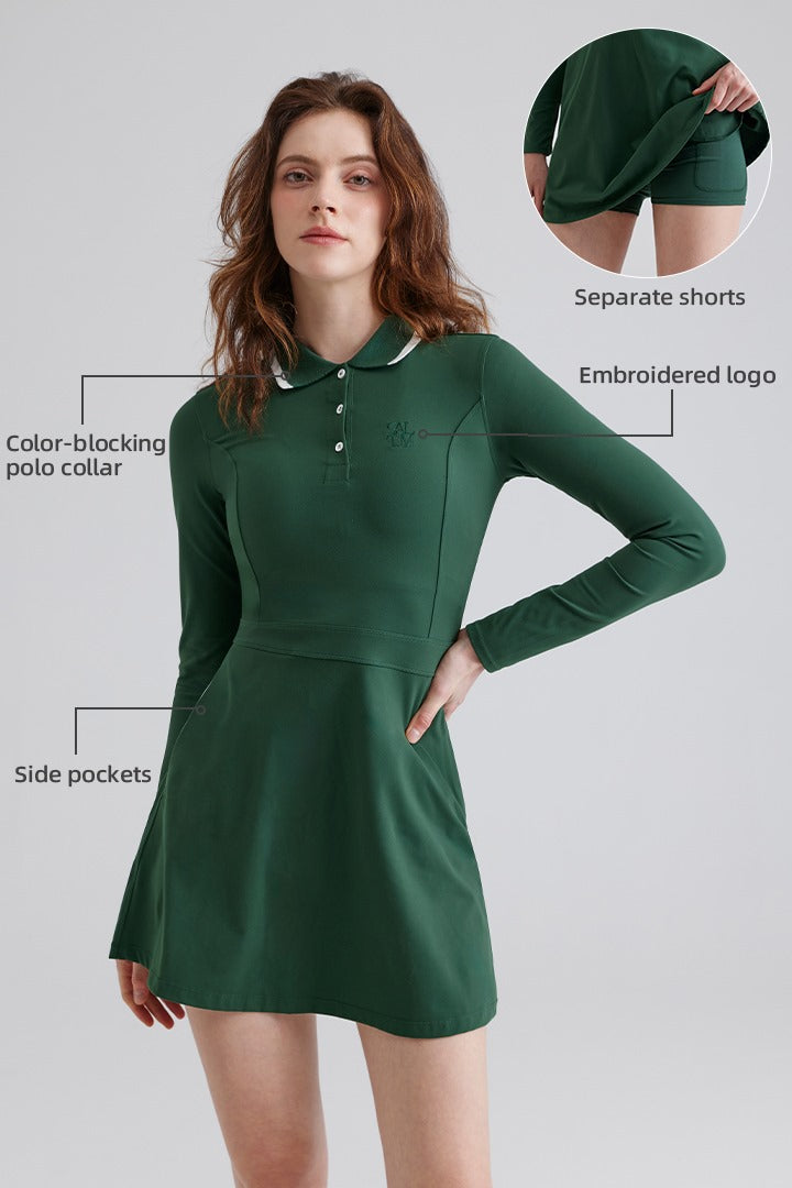 Saltum Green dress with long sleeves and color-blocking polo collar with separate shorts