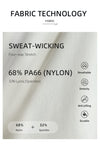 Fabric technology label for sweat-wicking material with nylon and spandex composition.