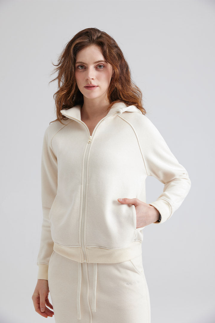Woman white Fall Winter zip-up hoodie and pants for Running 