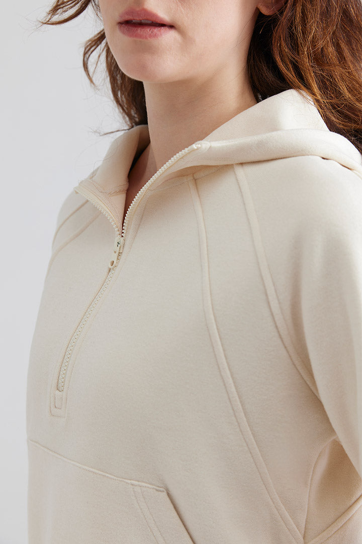 Beige Women Oversized Funnel-Neck Half Zip Hooded Pullover