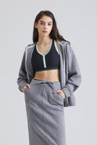 Woman black sports bra and gray pants with a gray jacket Matching Sets