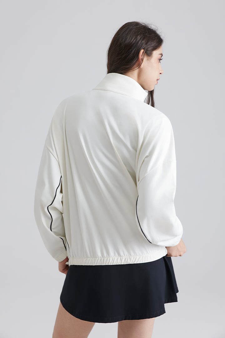 saltum white jacket with black trim for sports running gym yoga