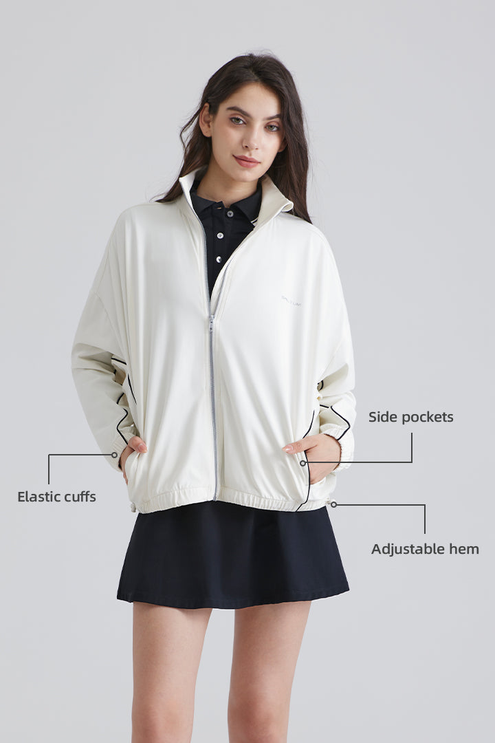 Woman white jacket and Black Tennis Dress