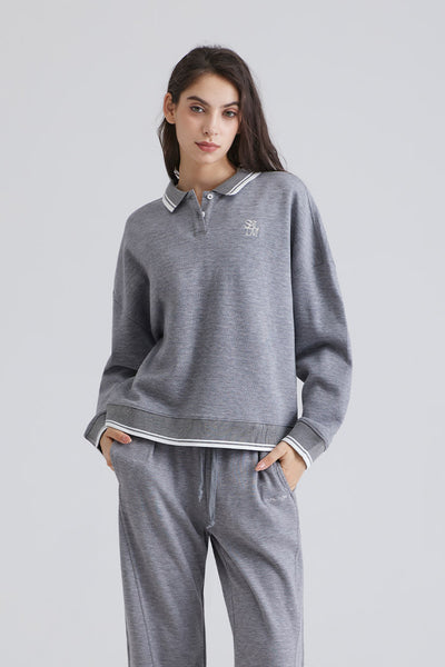 Polo Collar Pullover Long-Sleeve Sweatshirt