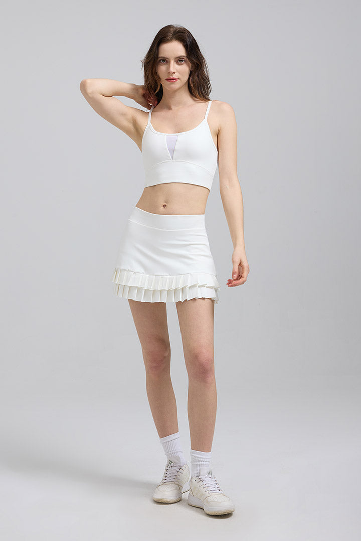 Saltum Sports Criss Cross Sports Bra and Double Pleated Mini Skirt Set white