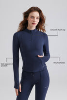 Woman blue athletic outfit 1/4 Zip Turtleneck Sports Tee With Pocket and Legging