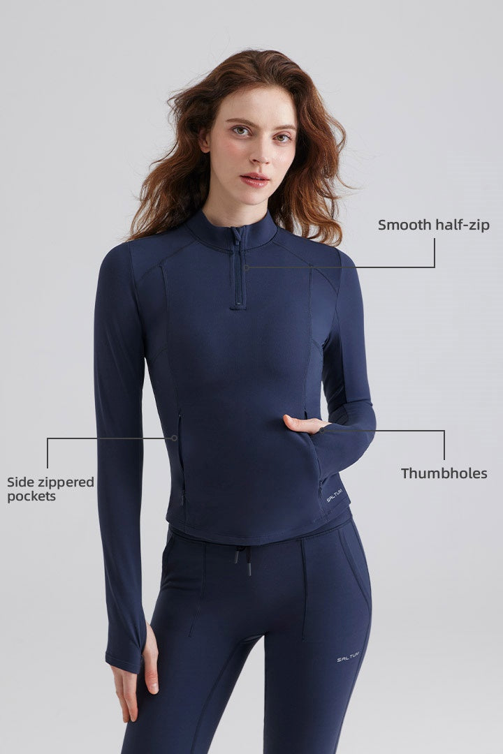Woman blue athletic outfit 1/4 Zip Turtleneck Sports Tee With Pocket and Legging