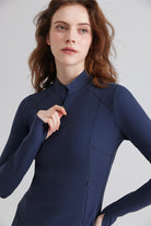 Woman blue long-sleeve top Quarter Zip Turtleneck Sports Tee With Pocket