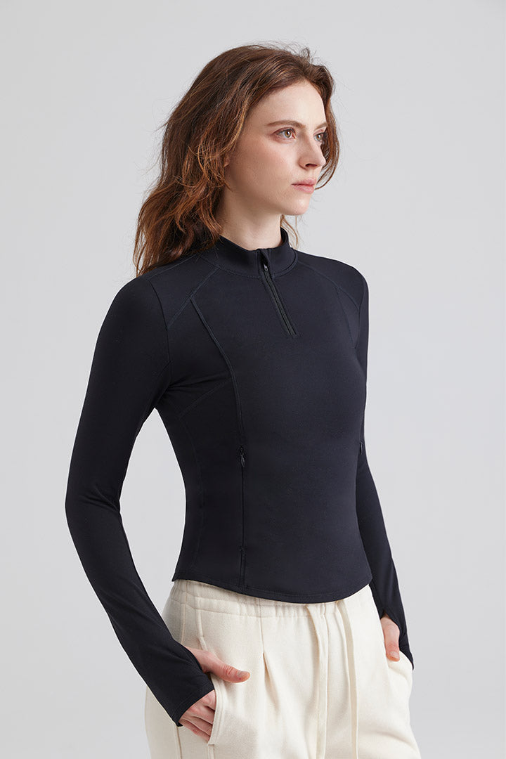 Woman black long-sleeve top Quarter Zip Pullover Cropped Workout Jacket