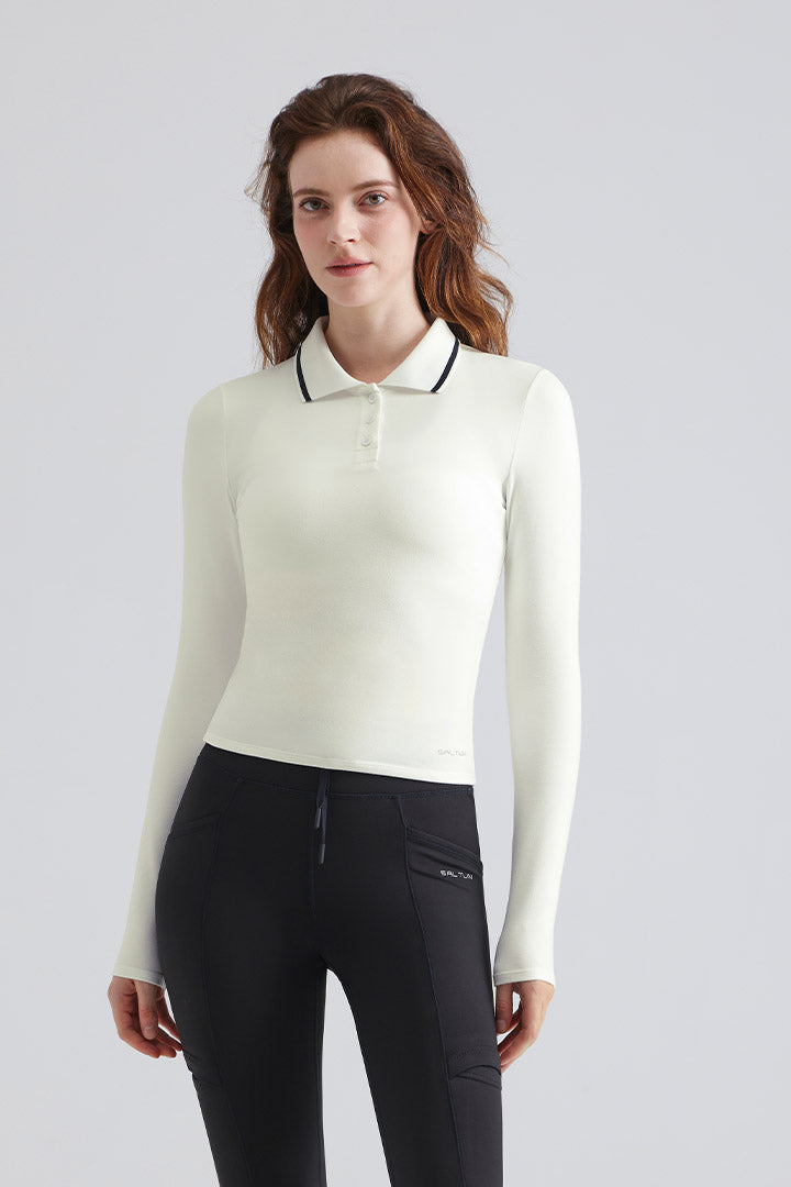 Woman white long-sleeve polo shirt with black trim