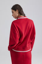 Burgundy Polo Collar Long-Sleeve Sweatshirt with white stripes Casual Loose Warm