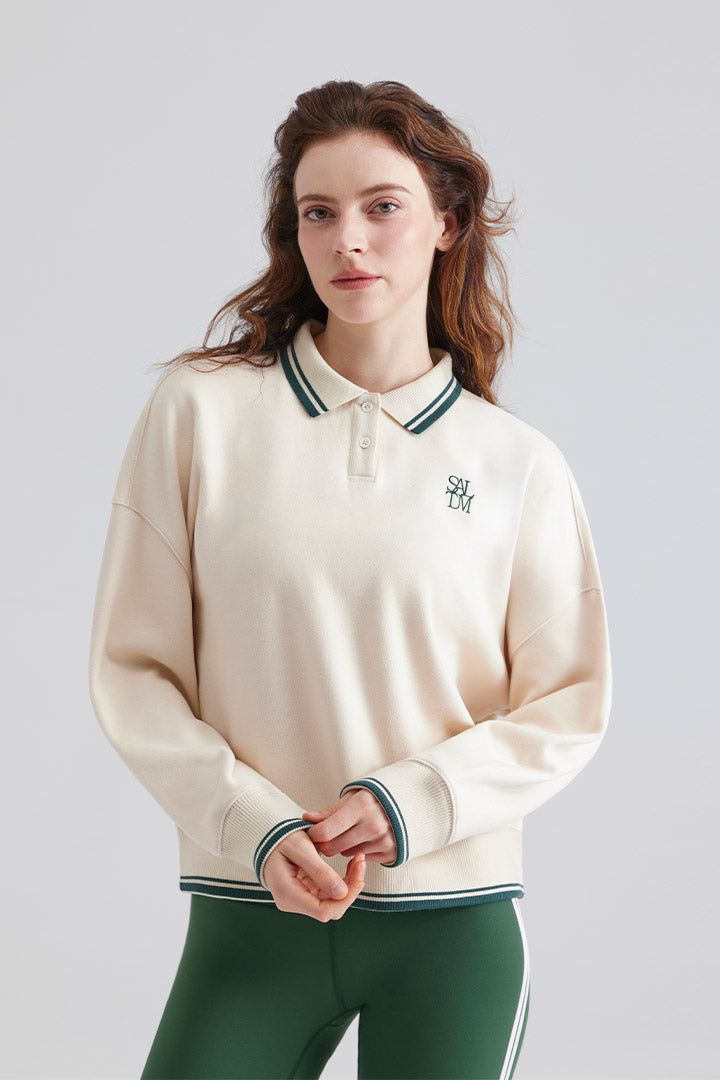 Woman white sweater with a collar and green pants Polo Sweater